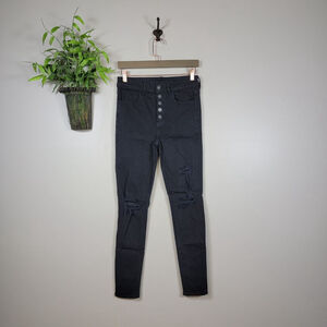American Eagle Skinny Jeans Super Hi Rise Jegging Black Button Fly Ripped AE 4